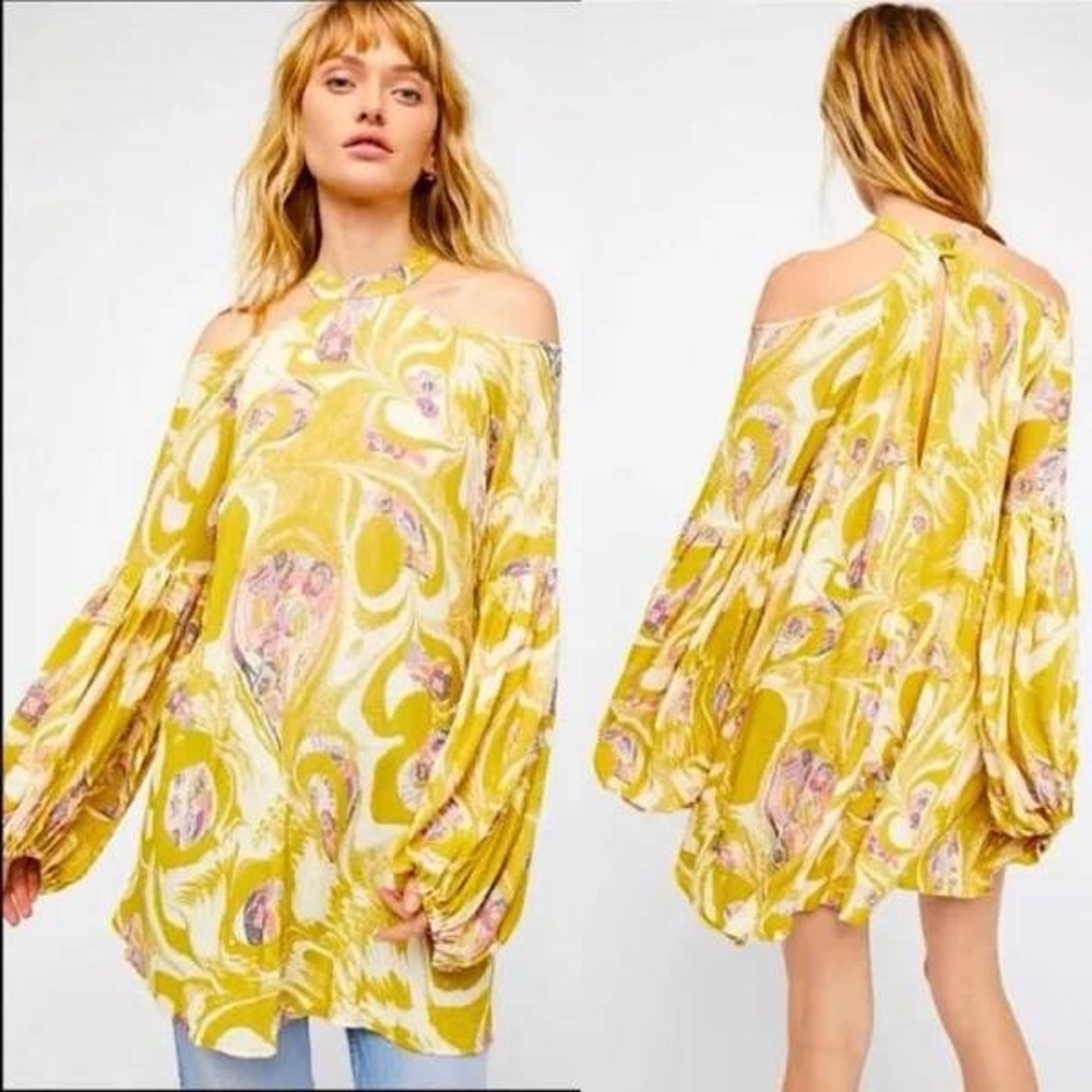 Free People Drift‎ Away Cold Shoulder Tunic Dress Size S Yellow Floral Oversized